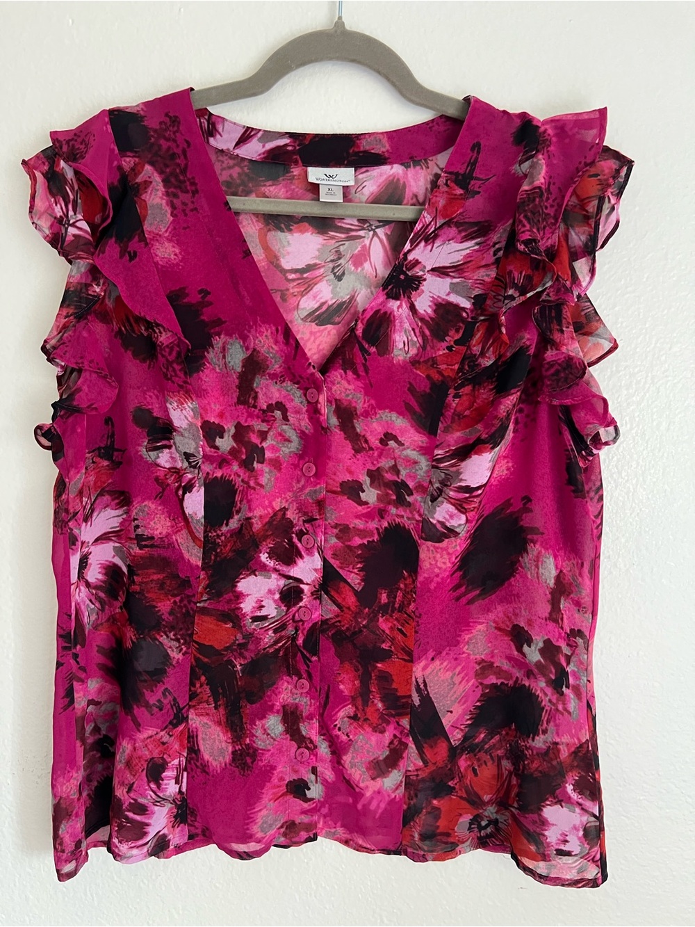 Worthington Fuchsia Floral Ruffle-Sleeve V-Neck Blouse